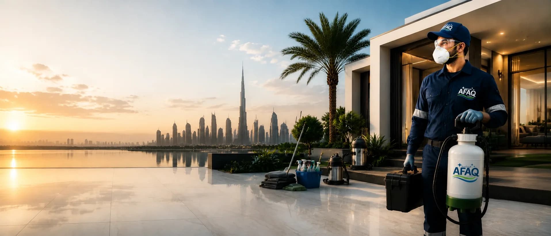 فني صيانة من آفاق الحياة عند فيلا فاخرة في الإمارات وفي الخلفية أفق دبي
