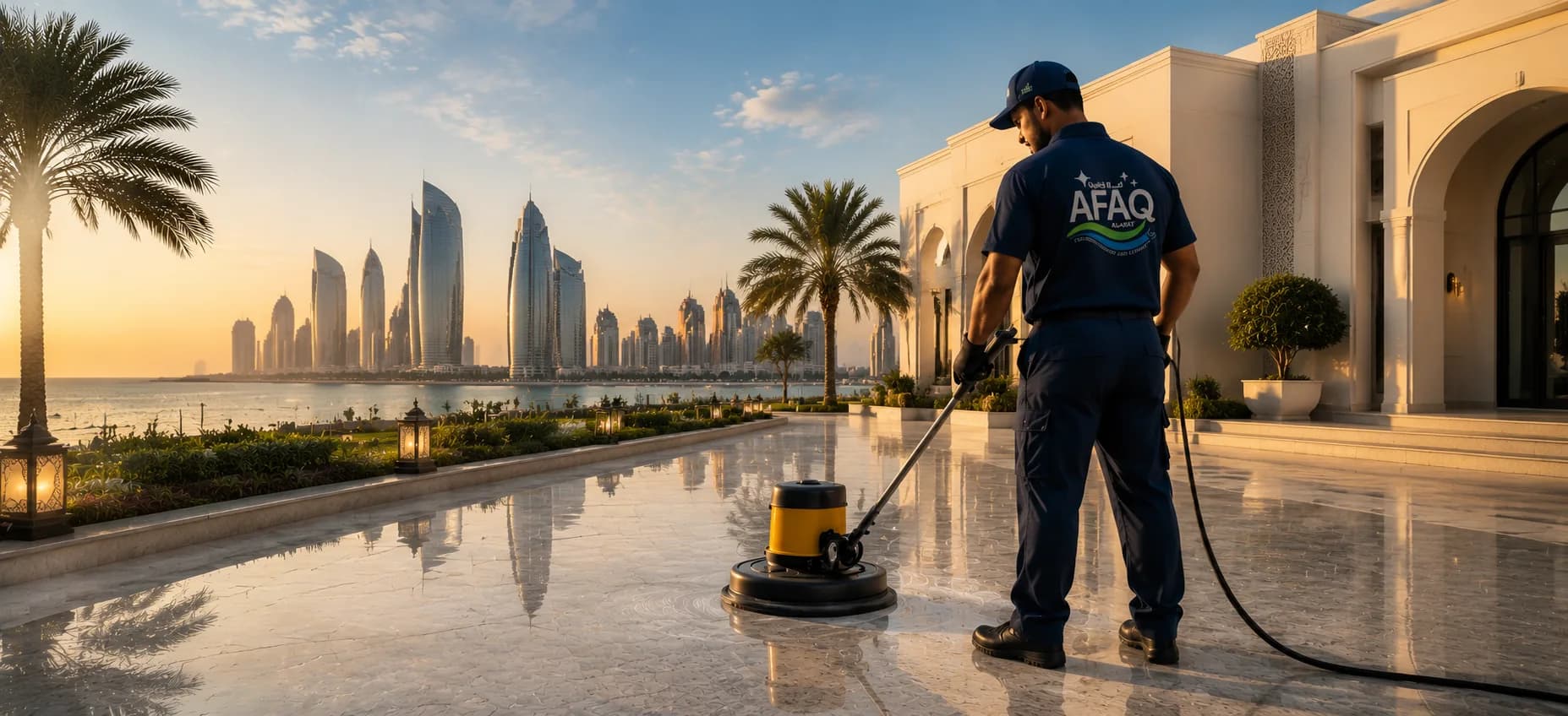 فني آفاق الحياة يقوم بتلميع أرضية تراس فيلا فاخرة وفي الخلفية أفق أبوظبي