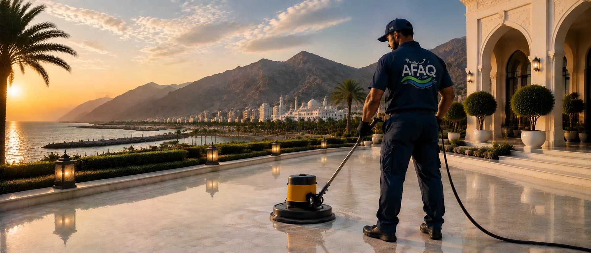 فني آفاق الحياة يقوم بتلميع أرضية تراس فيلا وفي الخلفية ساحل رأس الخيمة وجبال الحجر