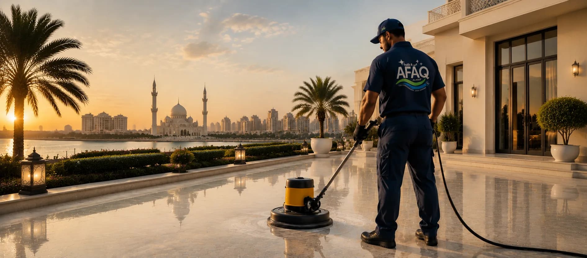 فني آفاق الحياة يقوم بتلميع أرضية تراس فيلا تطل على واجهة الشارقة البحرية عند الغروب