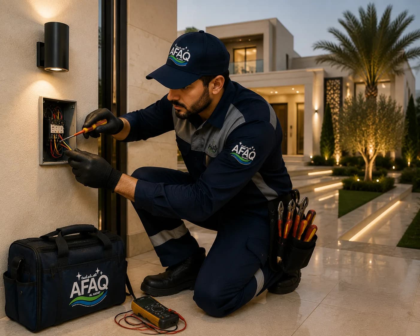 كهربائي من آفاق الحياة يقوم بإتمام إصلاح كهربائي بأمان