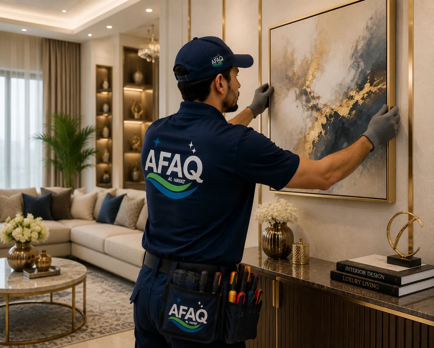 فني آفاق الحياة يركّب لوحة فنية زخرفية على الجدار في غرفة معيشة بالإمارات