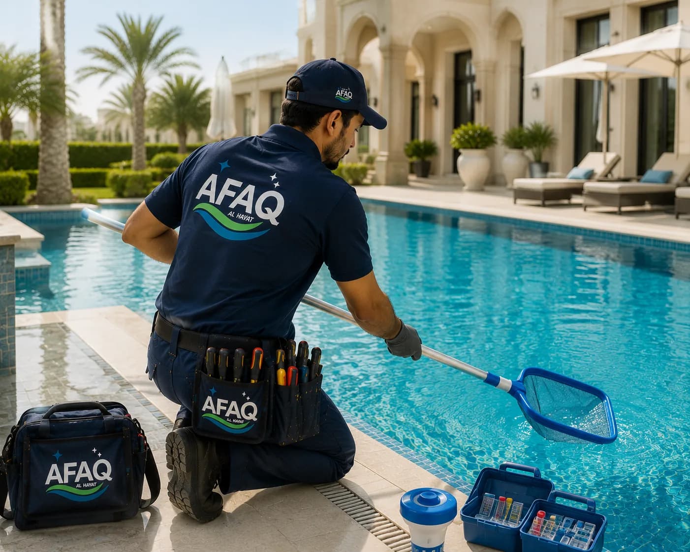فني آفاق الحياة ينظّف مسبح فيلا بشبكة وطقم فحص في الإمارات