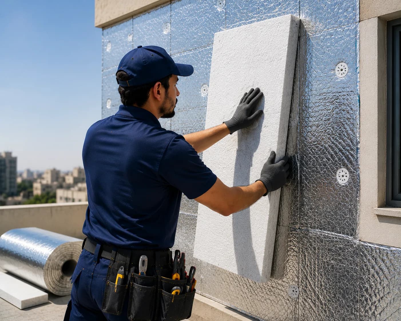 فني آفاق الحياة يركّب ألواح عزل حراري على واجهة مبنى خارجية في الإمارات