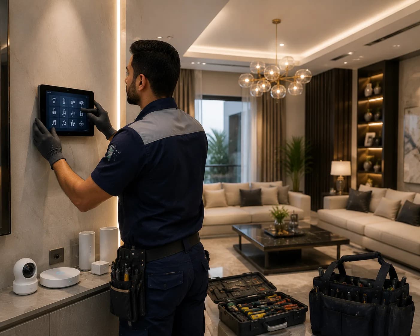 فني من آفاق الحياة يعمل على لوحة التحكم الكهربائية الذكية في المنزل